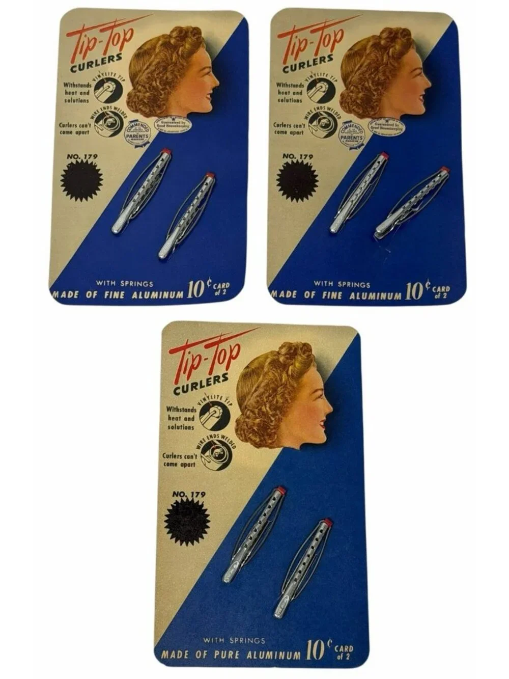 NOS 3 CARDS (6) Vintage 1950s Tip-Top Products Curlers Aluminum Vinylite Tip 179